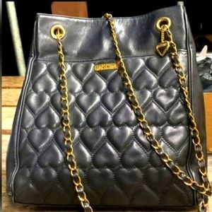 90s Vintage Moschino Black Leather Heart Pattern Shoulder bag